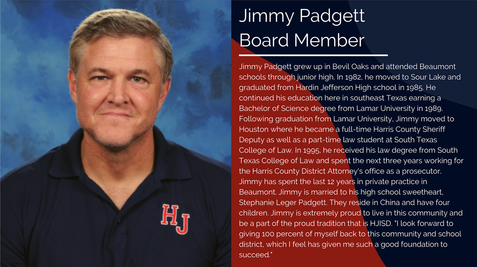 Jimmy Padgett grew up in Bevil Oaks and attended Beaumont schools through junior high. In 1982, he moved to Sour Lake and gra 